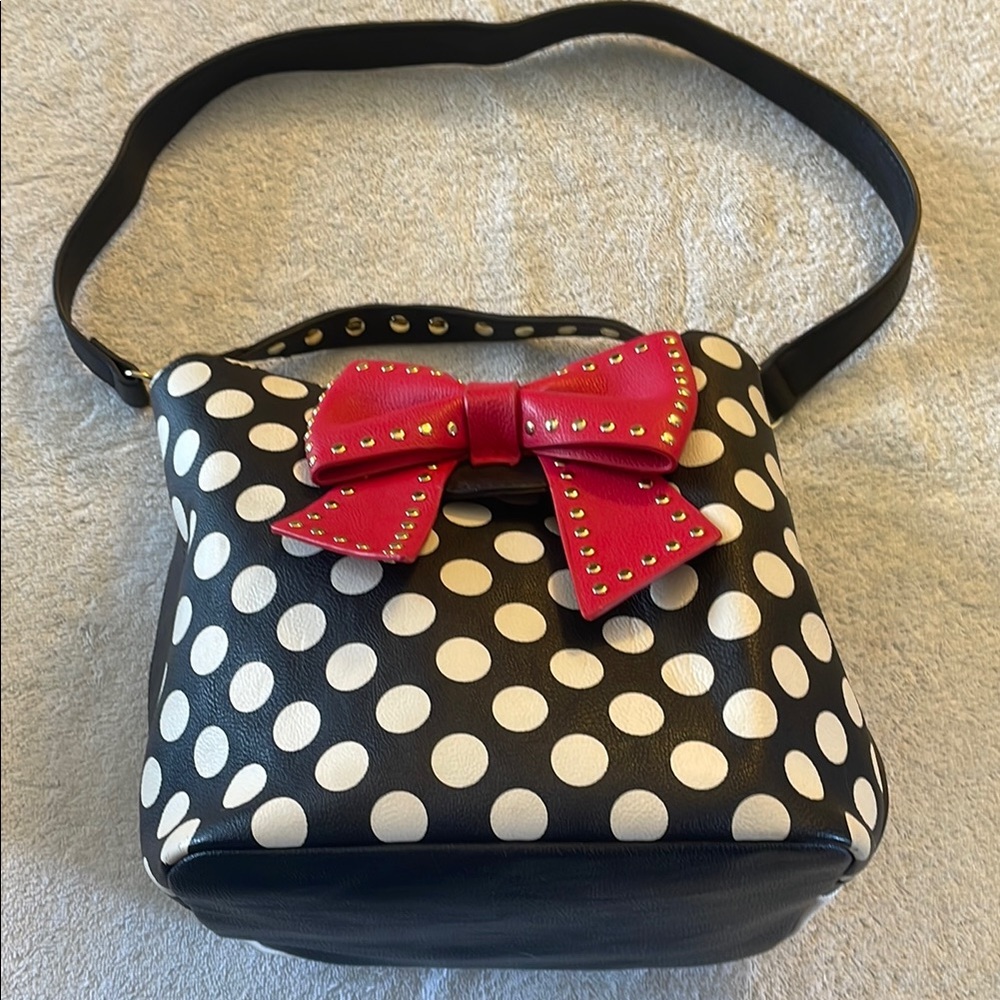 Betsey Johnson Black and White Polka Dot Shoulder Bag with Red Bow